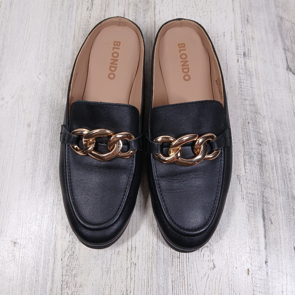 Blondo Bryce Women's Black Leather Mules with Gold Chain #1013 - Picture 3 of 11